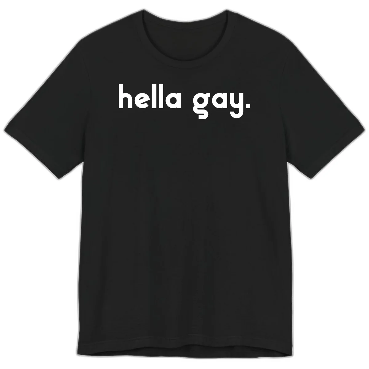 Minimalist hella gay pride design with bold white text on gray background in Black