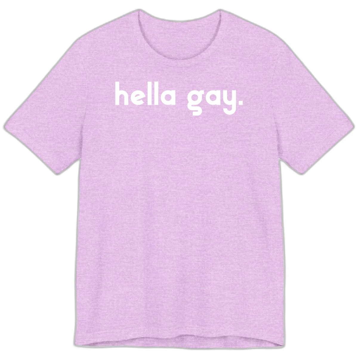 Minimalist hella gay pride design with bold white text on gray background in Heather Prism Lilac