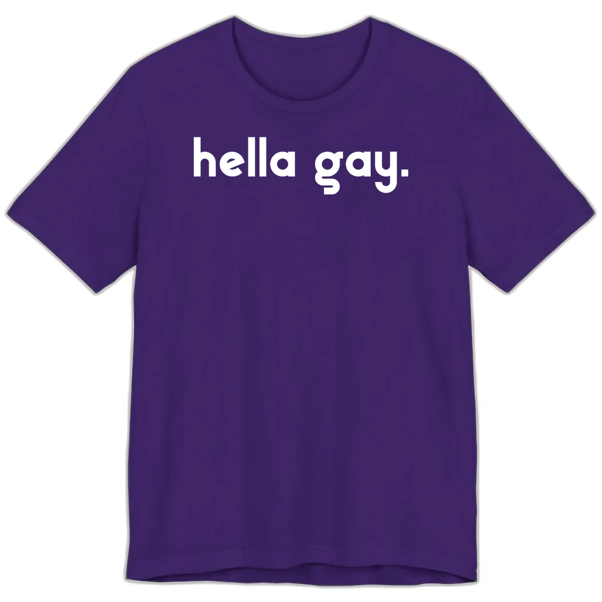 Minimalist hella gay pride design with bold white text on gray background in Team Purple
