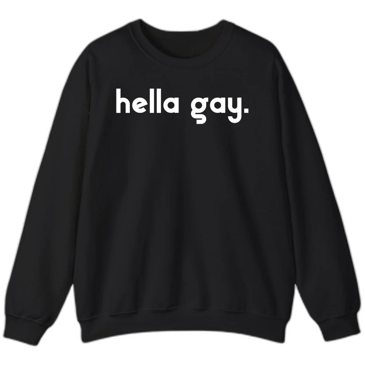 Minimalist hella gay pride design with bold white text on gray background in Black