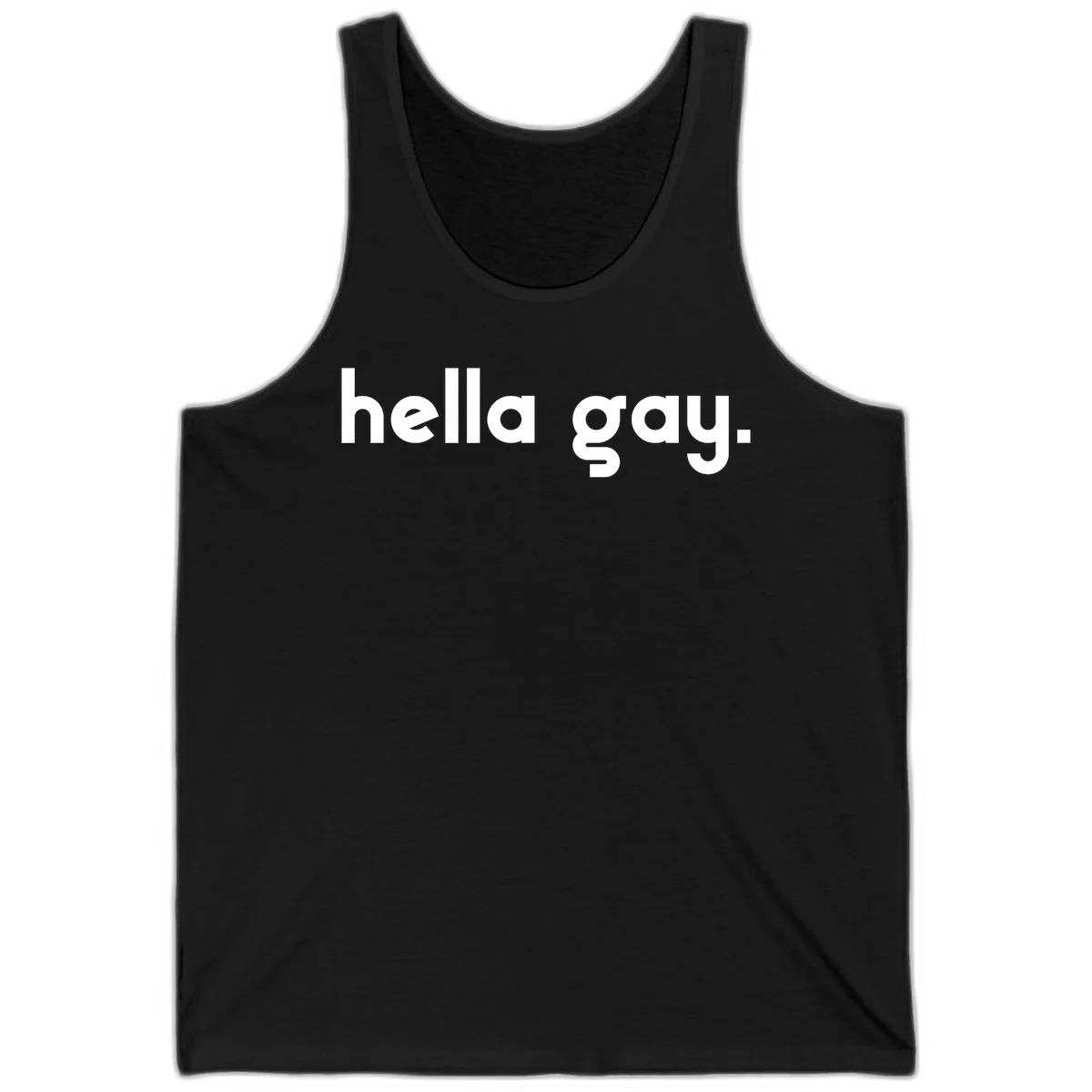 Minimalist hella gay pride design with bold white text on gray background in Black