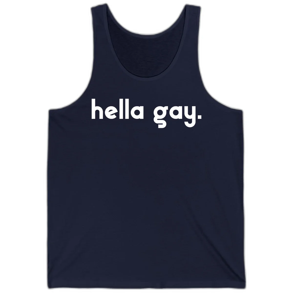 Minimalist hella gay pride design with bold white text on gray background in Navy