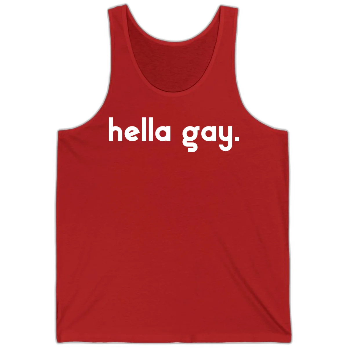 Minimalist hella gay pride design with bold white text on gray background in Red