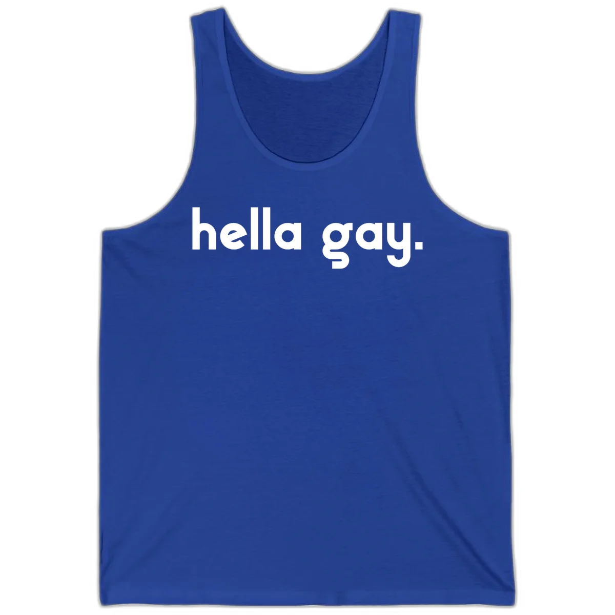 Minimalist hella gay pride design with bold white text on gray background in True Royal