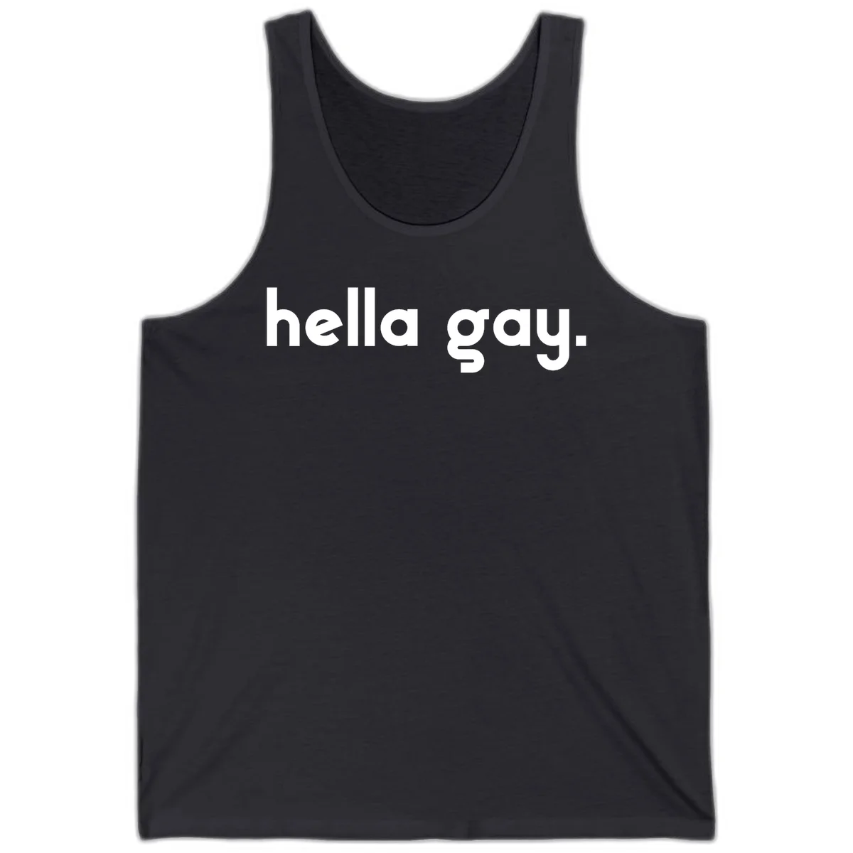Minimalist hella gay pride design with bold white text on gray background in Dark Grey
