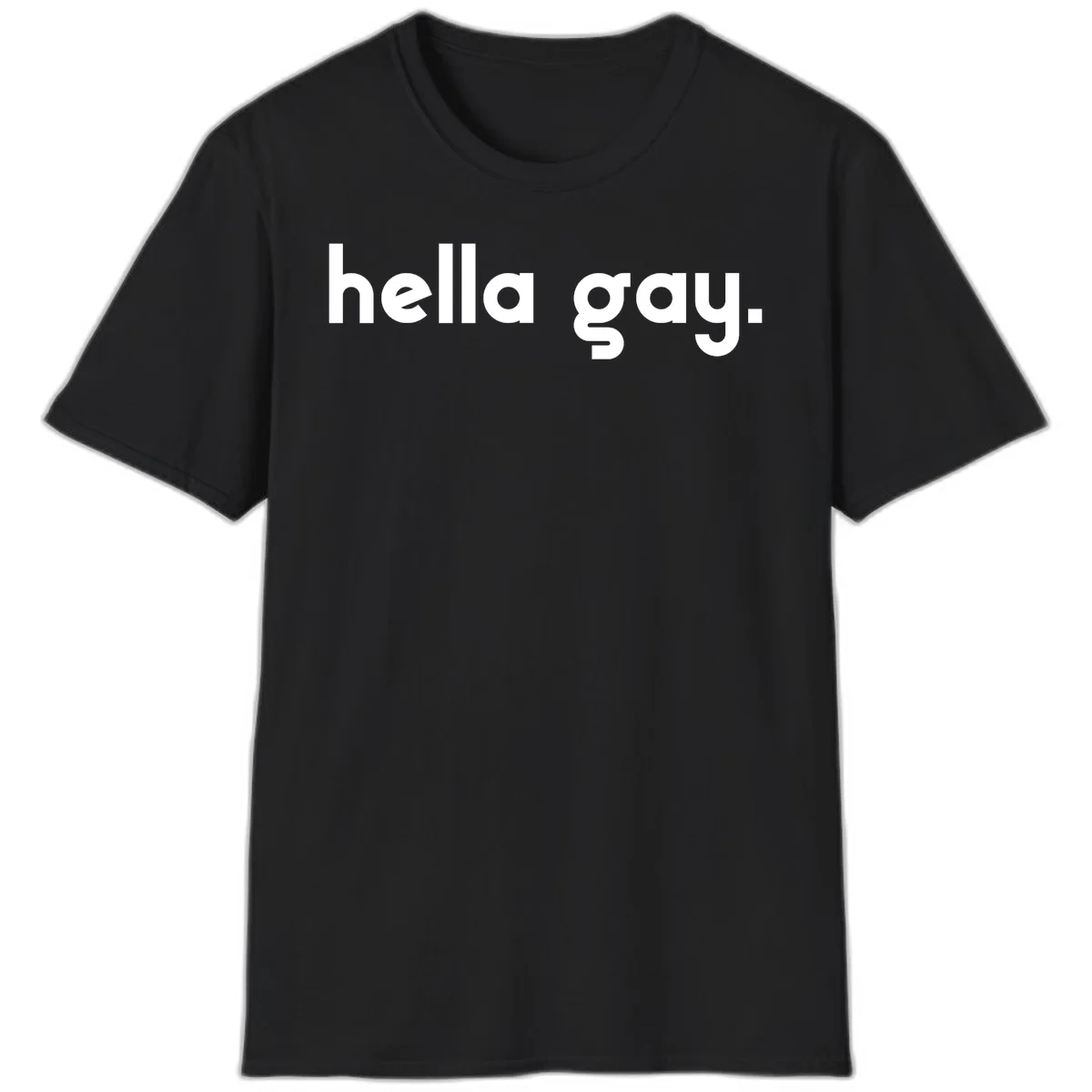 Minimalist hella gay pride design with bold white text on gray background in Black