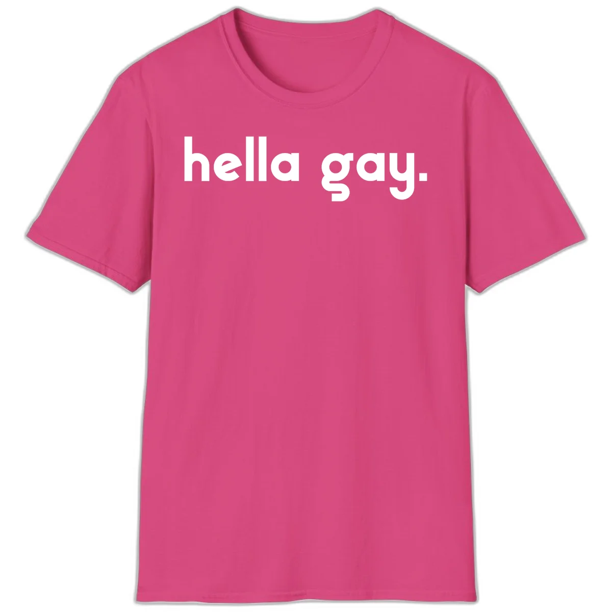 Minimalist hella gay pride design with bold white text on gray background in Heliconia