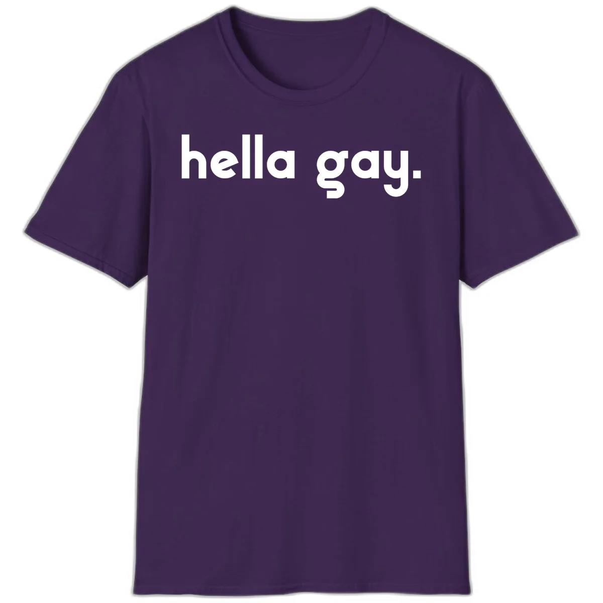Minimalist hella gay pride design with bold white text on gray background in Purple