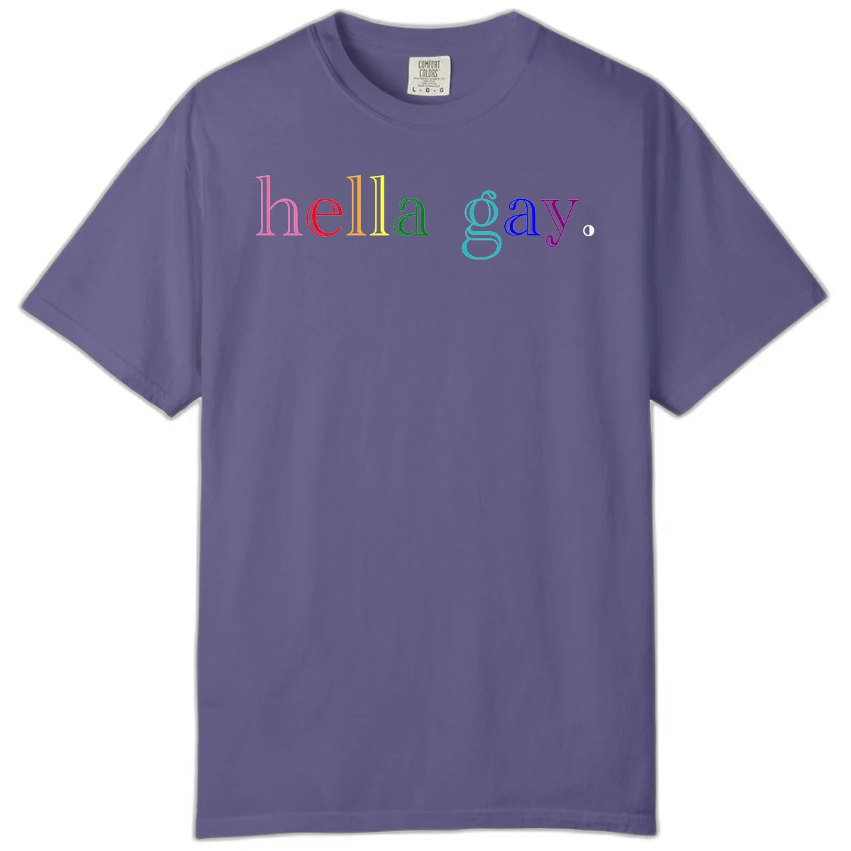 Rainbow colored 'hello gay' text design with each letter in different Pride colors including pink, red, orange, yellow, green, cyan, and blue in Grape