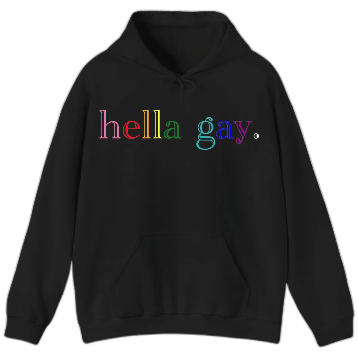 Rainbow colored 'hello gay' text design with each letter in different Pride colors including pink, red, orange, yellow, green, cyan, and blue in Black