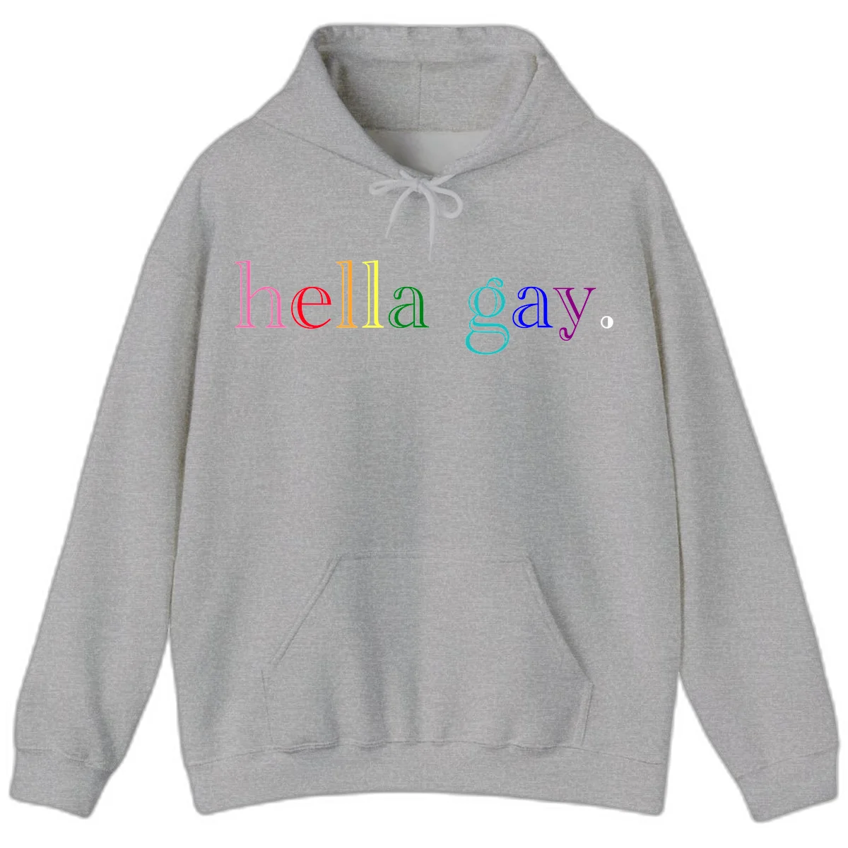 Rainbow colored 'hello gay' text design with each letter in different Pride colors including pink, red, orange, yellow, green, cyan, and blue in Sport Grey