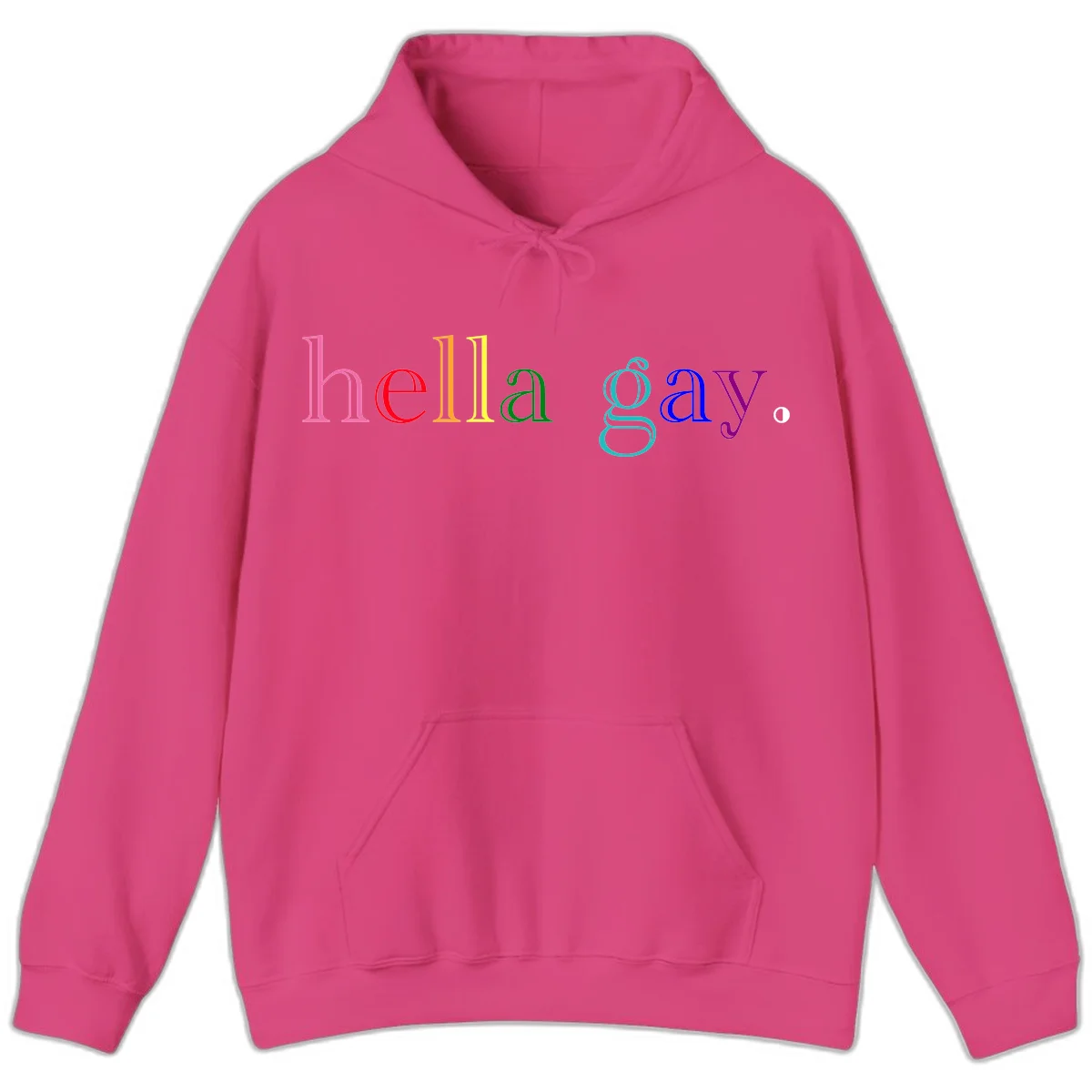Rainbow colored 'hello gay' text design with each letter in different Pride colors including pink, red, orange, yellow, green, cyan, and blue in Heliconia