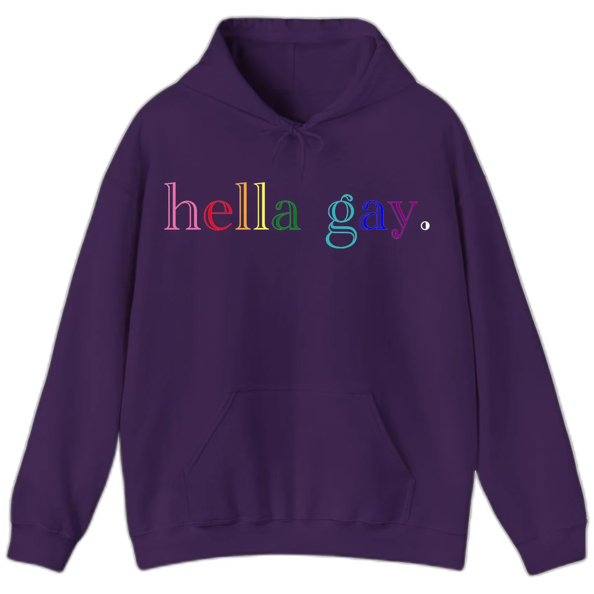 Rainbow colored 'hello gay' text design with each letter in different Pride colors including pink, red, orange, yellow, green, cyan, and blue in Purple