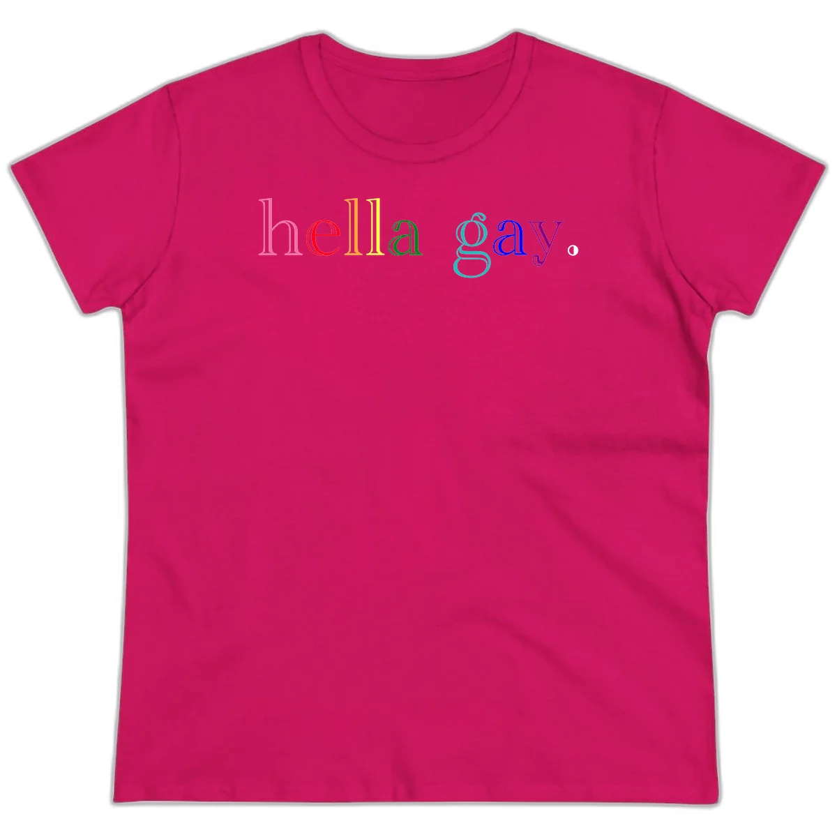 Rainbow colored 'hello gay' text design with each letter in different Pride colors including pink, red, orange, yellow, green, cyan, and blue in Heliconia