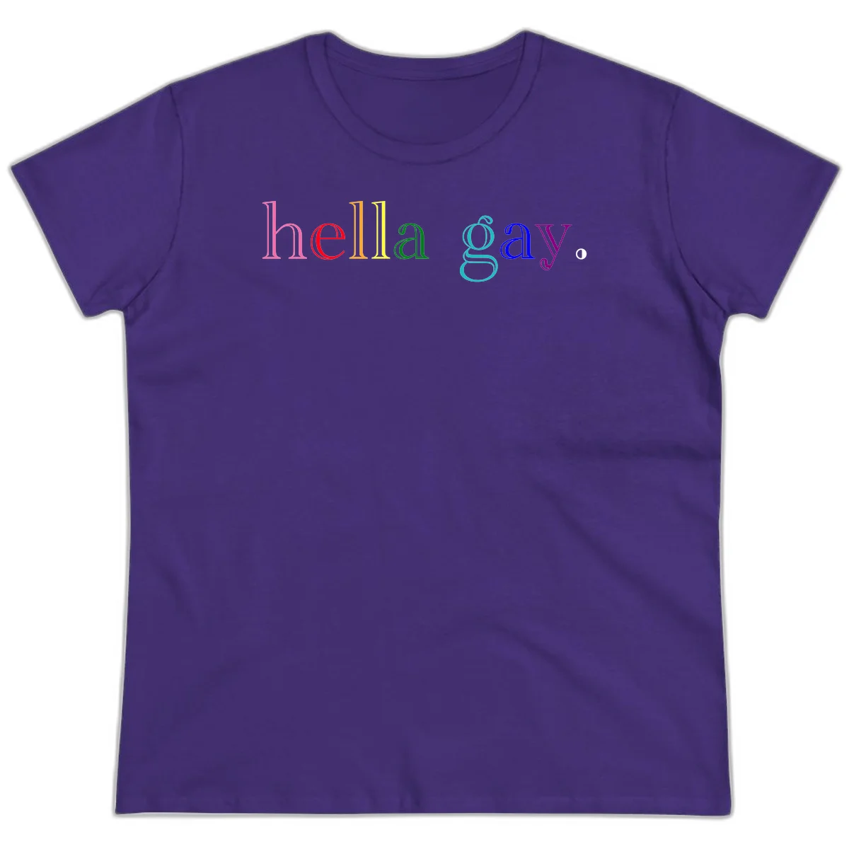 Rainbow colored 'hello gay' text design with each letter in different Pride colors including pink, red, orange, yellow, green, cyan, and blue in Purple