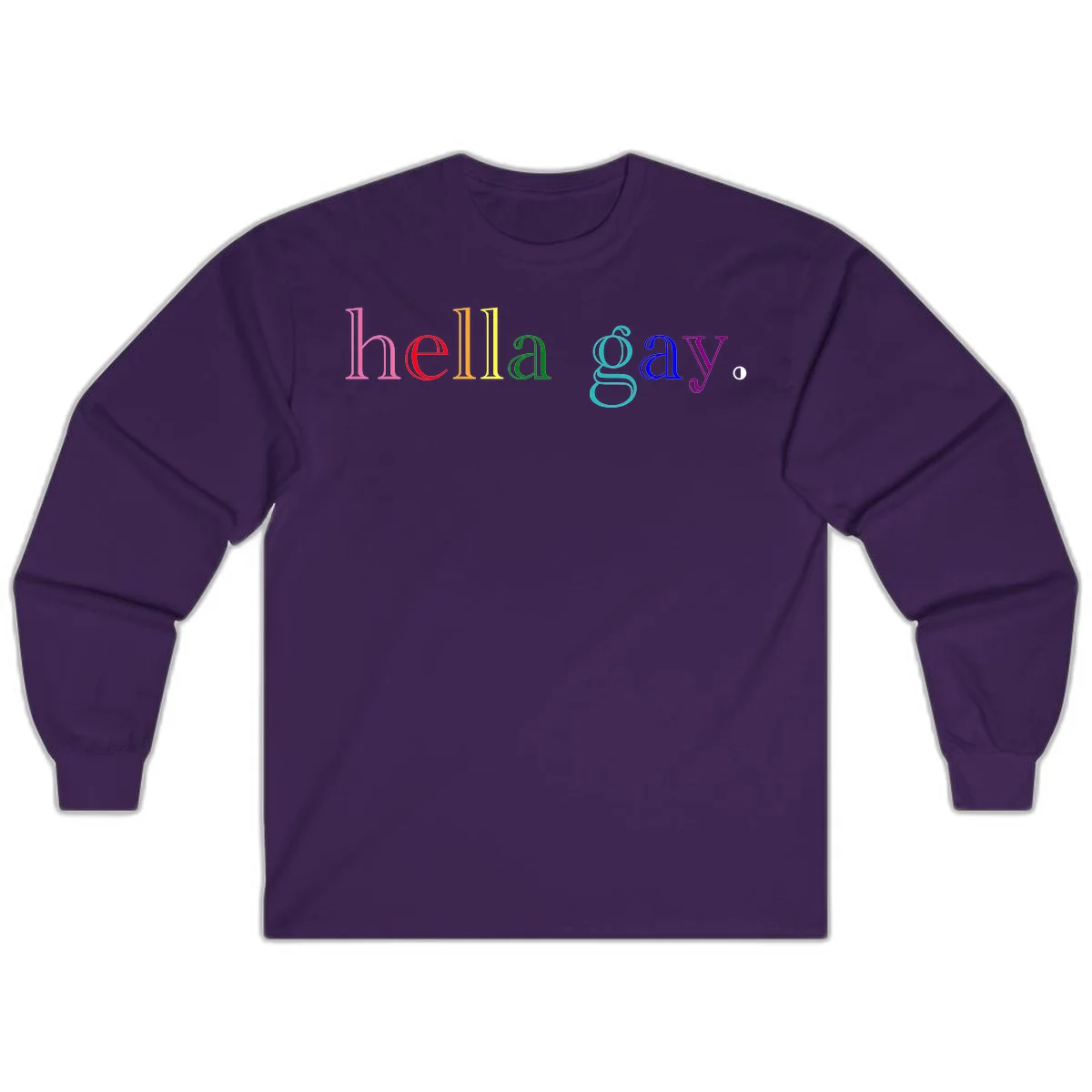 Rainbow colored 'hello gay' text design with each letter in different Pride colors including pink, red, orange, yellow, green, cyan, and blue in Purple