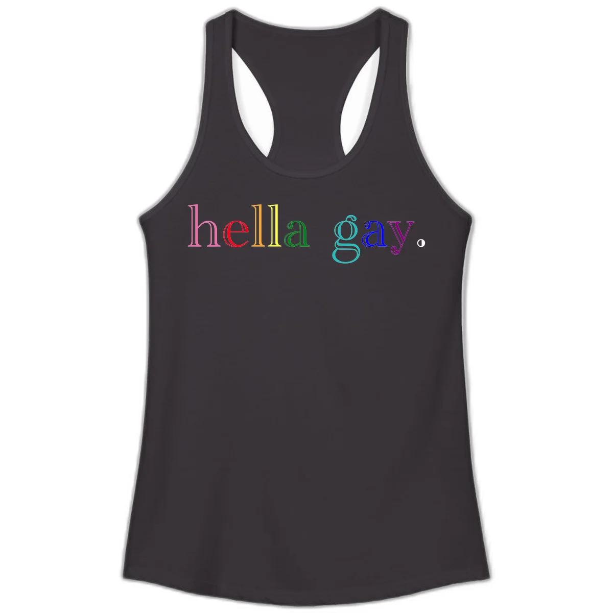 Rainbow colored 'hello gay' text design with each letter in different Pride colors including pink, red, orange, yellow, green, cyan, and blue in Black