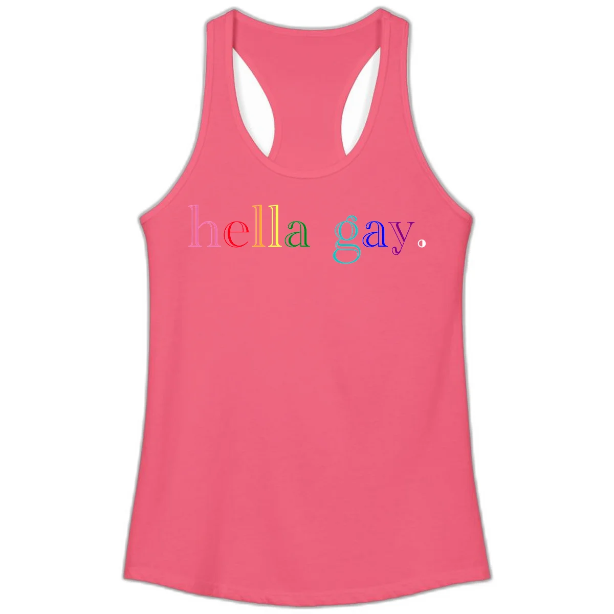 Rainbow colored 'hello gay' text design with each letter in different Pride colors including pink, red, orange, yellow, green, cyan, and blue in Hot Pink