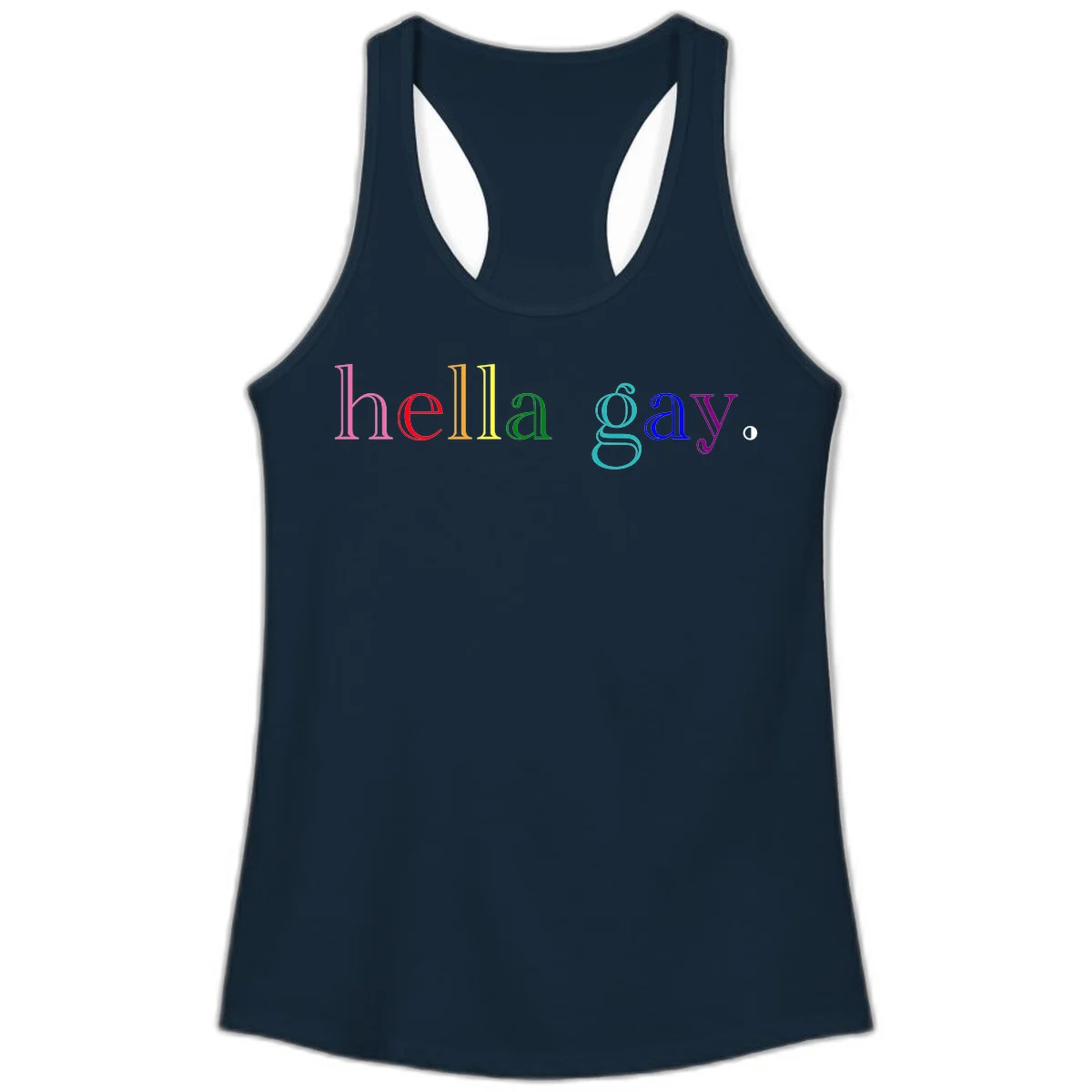 Rainbow colored 'hello gay' text design with each letter in different Pride colors including pink, red, orange, yellow, green, cyan, and blue in Solid Midnight Navy