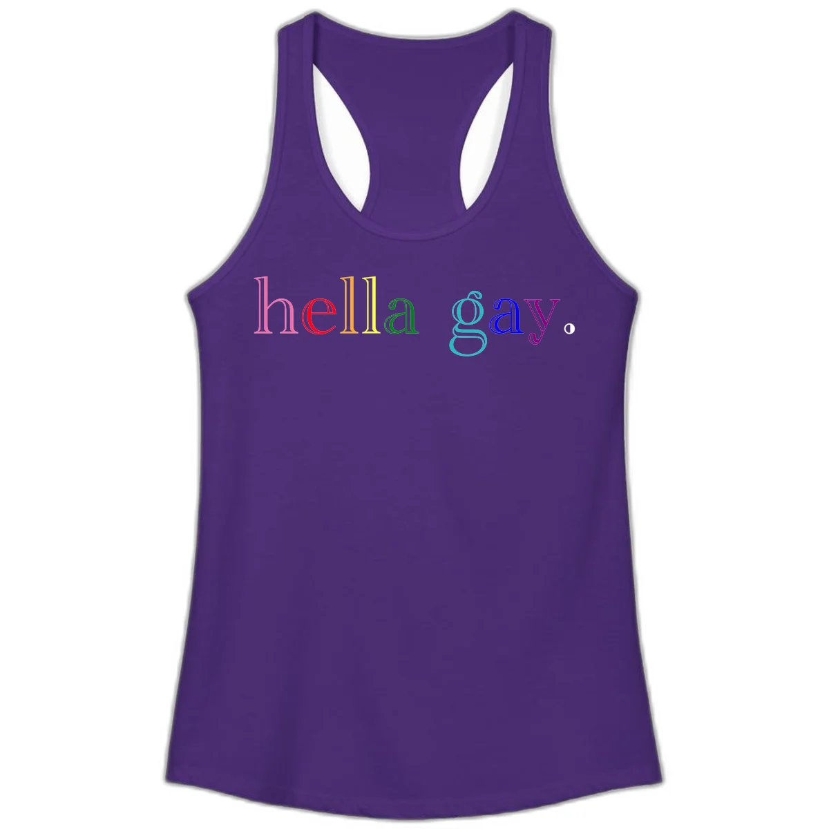 Rainbow colored 'hello gay' text design with each letter in different Pride colors including pink, red, orange, yellow, green, cyan, and blue in Solid Purple Rush