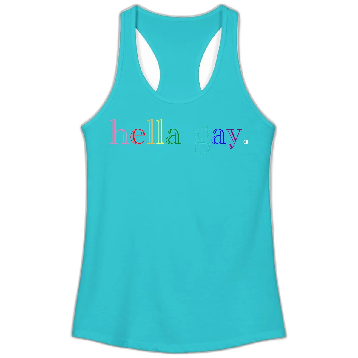 Rainbow colored 'hello gay' text design with each letter in different Pride colors including pink, red, orange, yellow, green, cyan, and blue in Solid Tahiti Blue