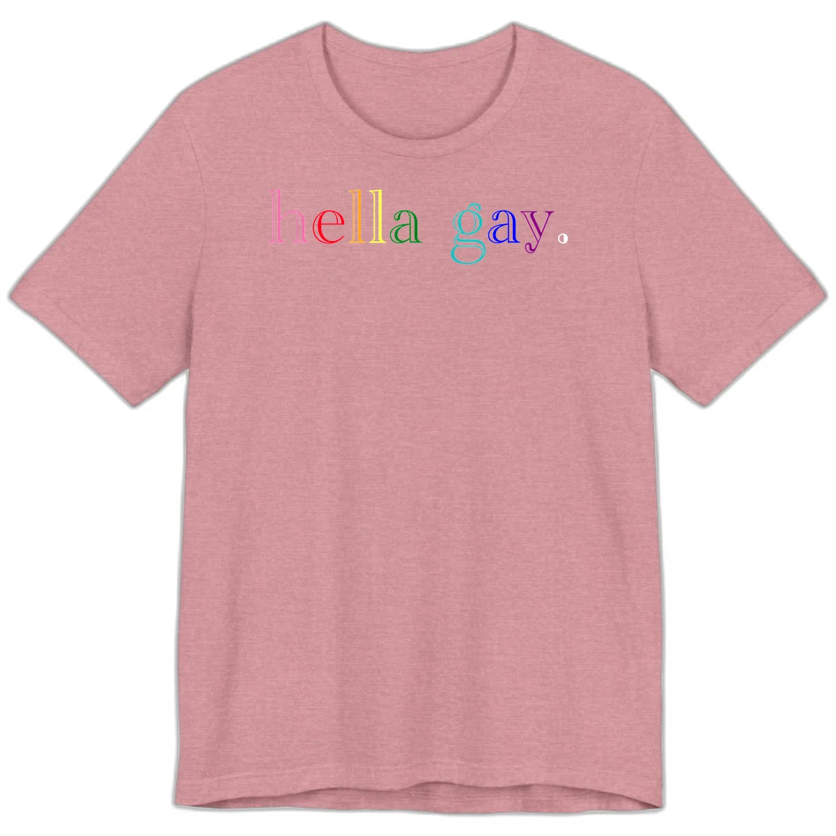 Rainbow colored 'hello gay' text design with each letter in different Pride colors including pink, red, orange, yellow, green, cyan, and blue in Heather Orchid