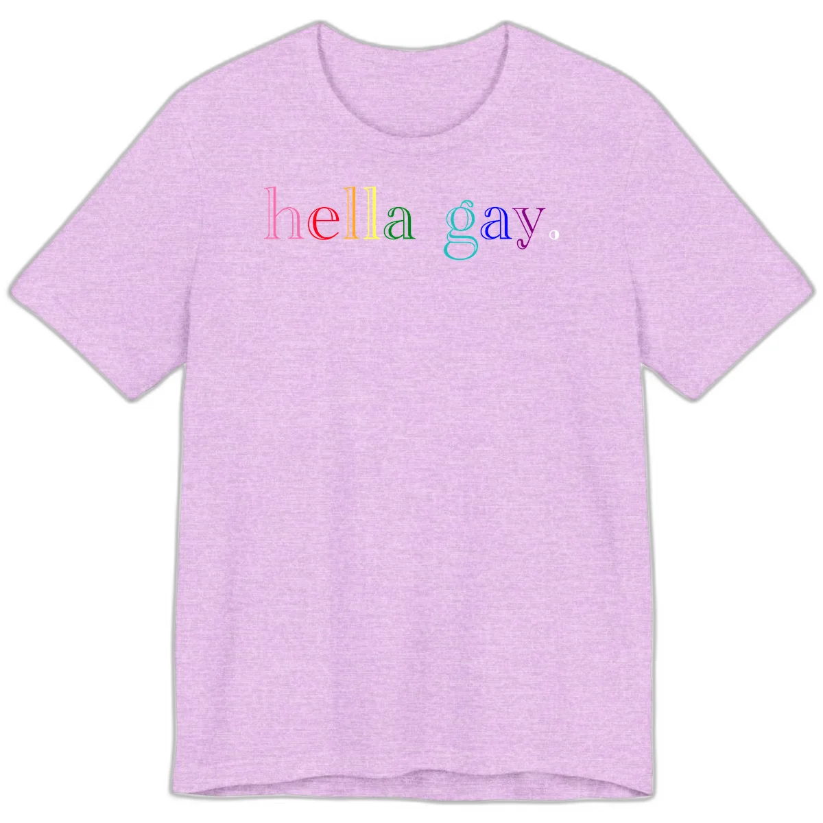 Rainbow colored 'hello gay' text design with each letter in different Pride colors including pink, red, orange, yellow, green, cyan, and blue in Heather Prism Lilac