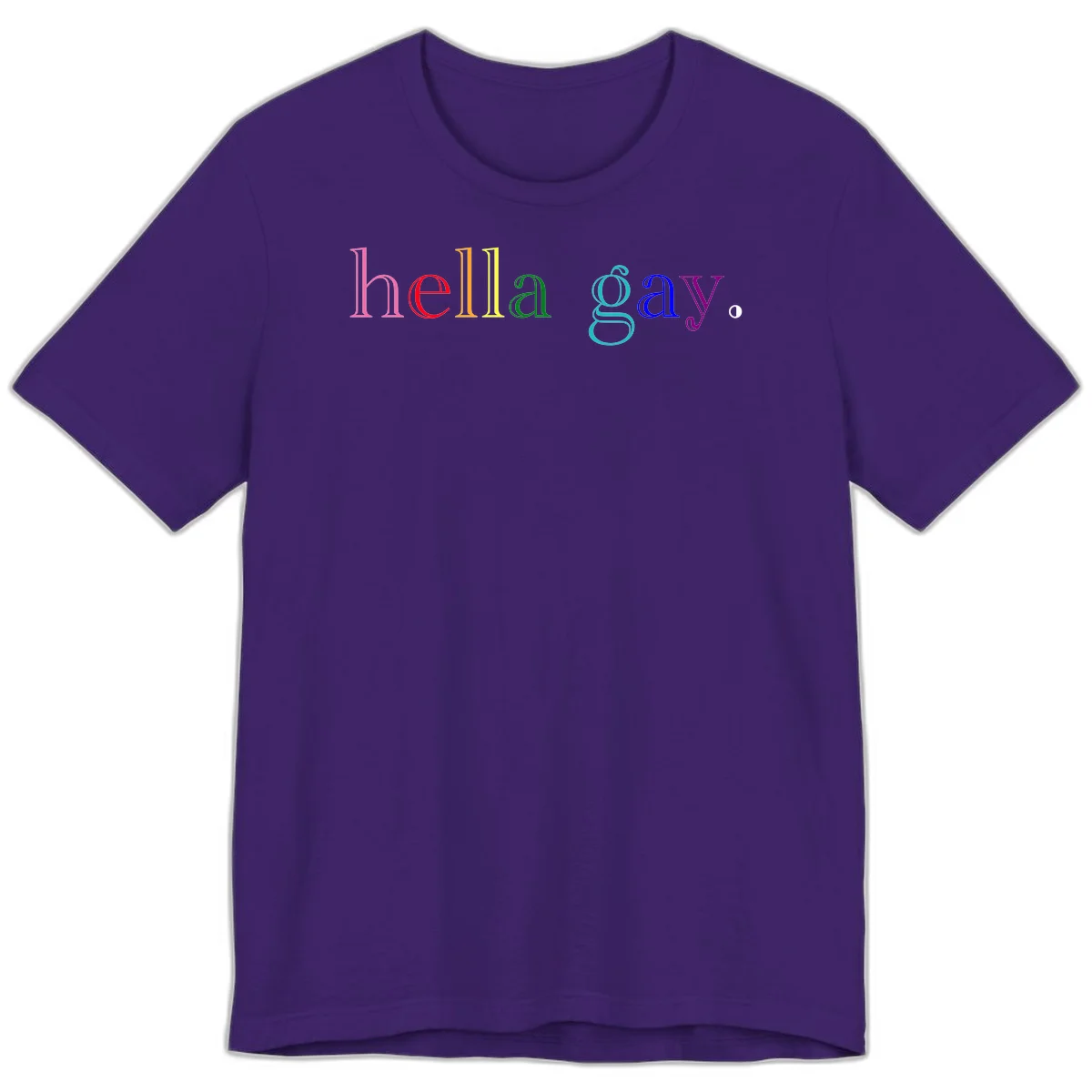 Rainbow colored 'hello gay' text design with each letter in different Pride colors including pink, red, orange, yellow, green, cyan, and blue in Team Purple