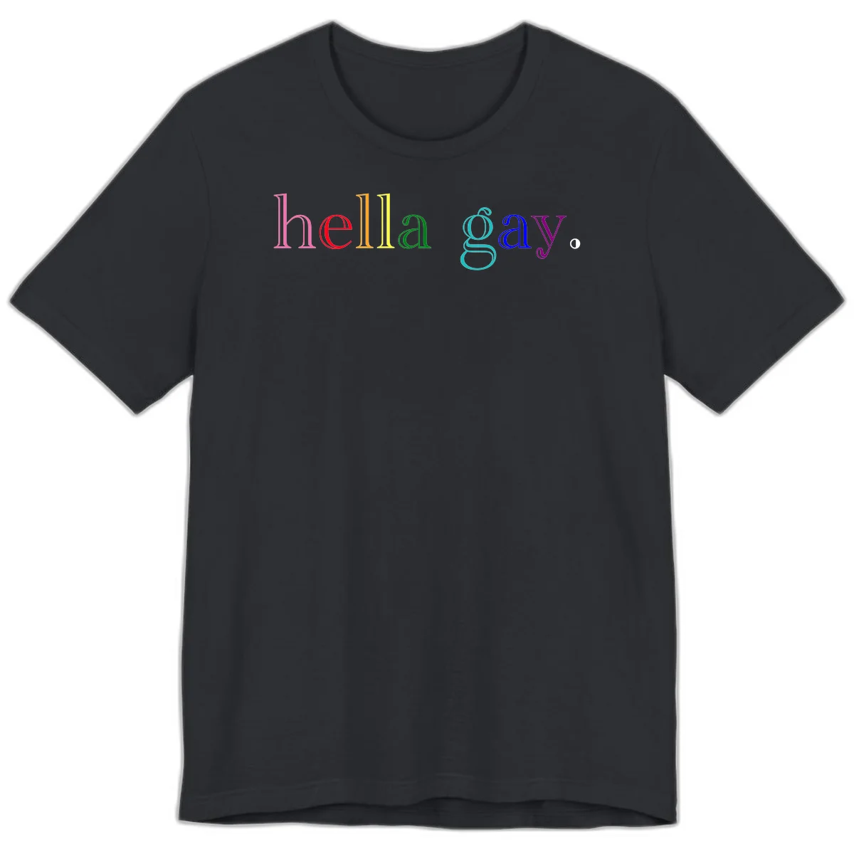 Rainbow colored 'hello gay' text design with each letter in different Pride colors including pink, red, orange, yellow, green, cyan, and blue in Vintage Black