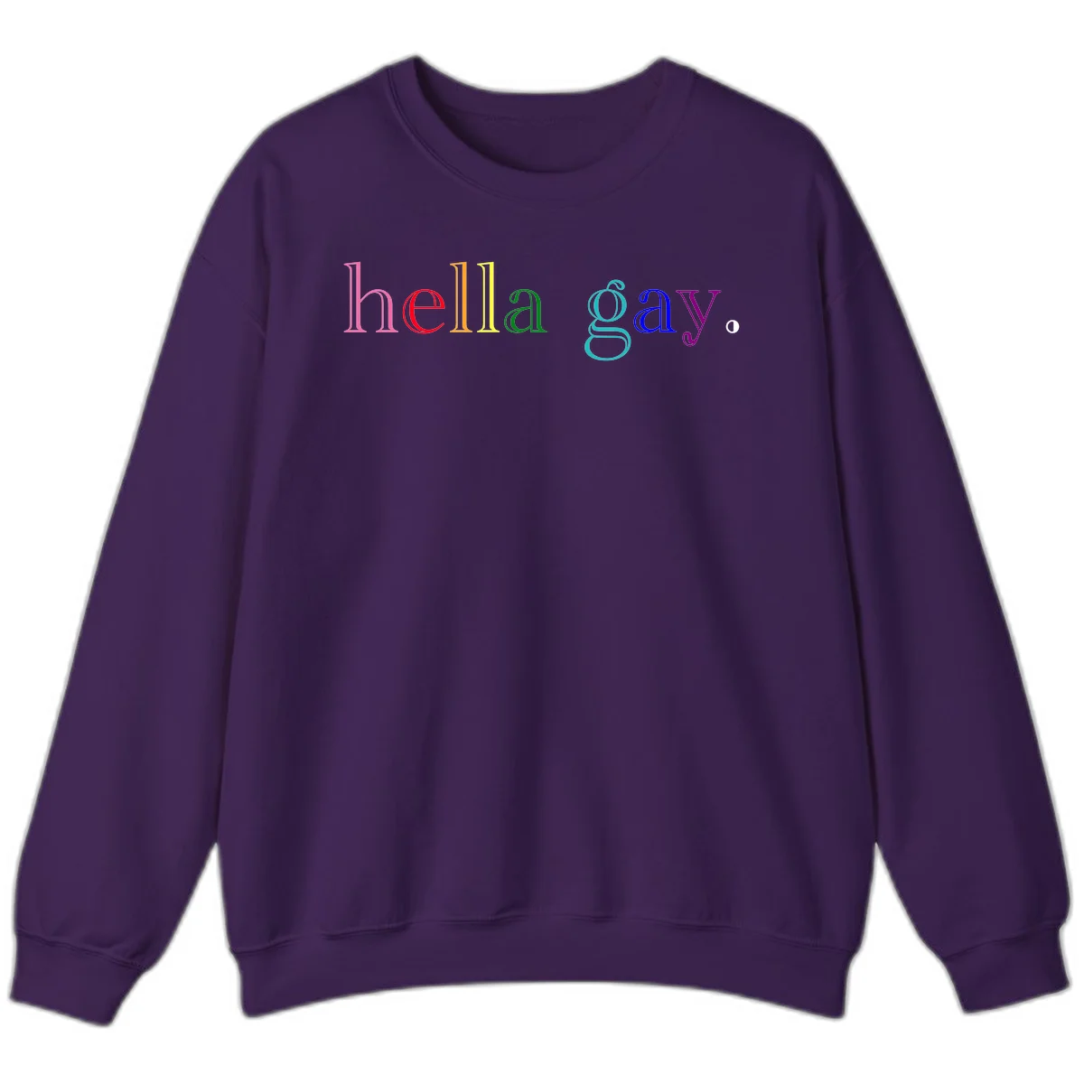 Rainbow colored 'hello gay' text design with each letter in different Pride colors including pink, red, orange, yellow, green, cyan, and blue in Purple