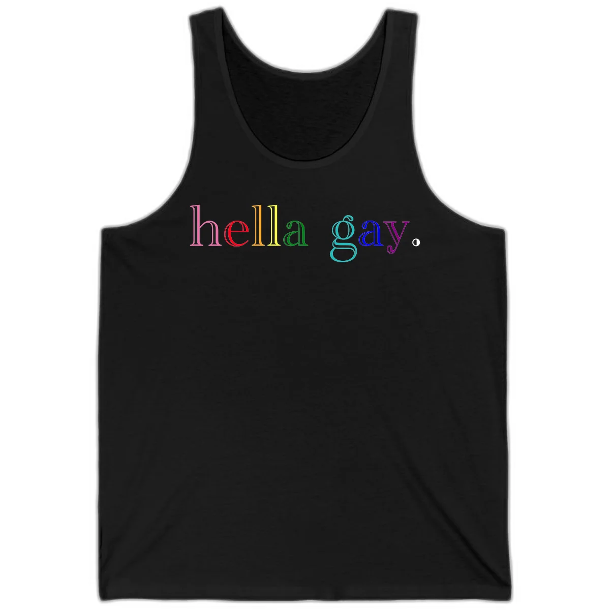 Rainbow colored 'hello gay' text design with each letter in different Pride colors including pink, red, orange, yellow, green, cyan, and blue in Black