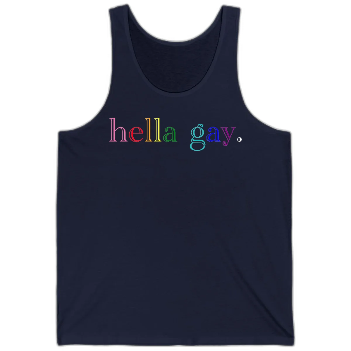 Rainbow colored 'hello gay' text design with each letter in different Pride colors including pink, red, orange, yellow, green, cyan, and blue in Navy