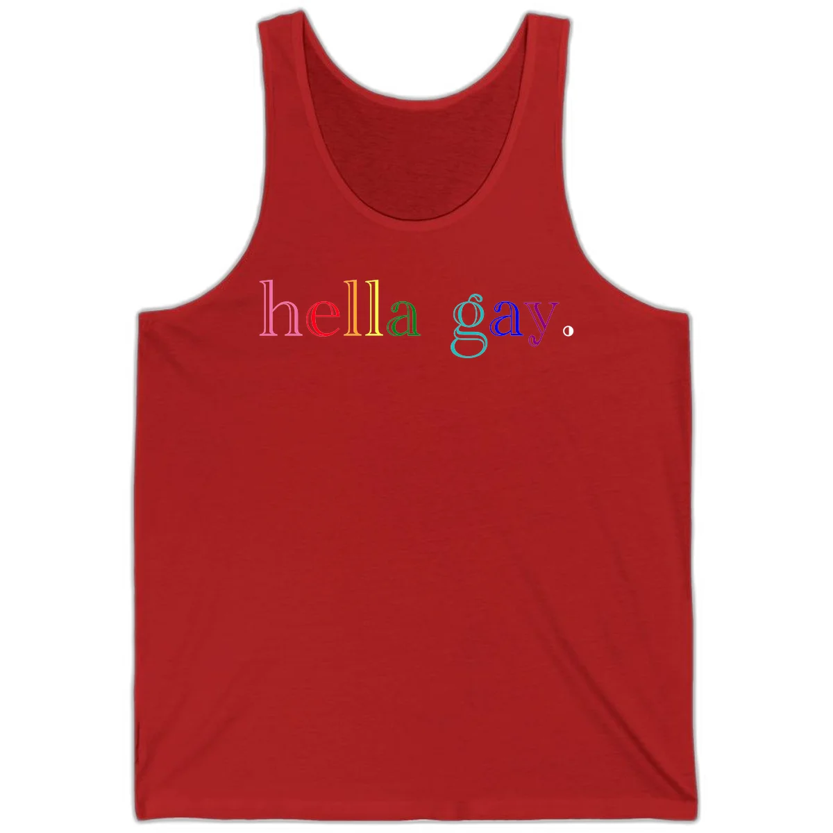 Rainbow colored 'hello gay' text design with each letter in different Pride colors including pink, red, orange, yellow, green, cyan, and blue in Red