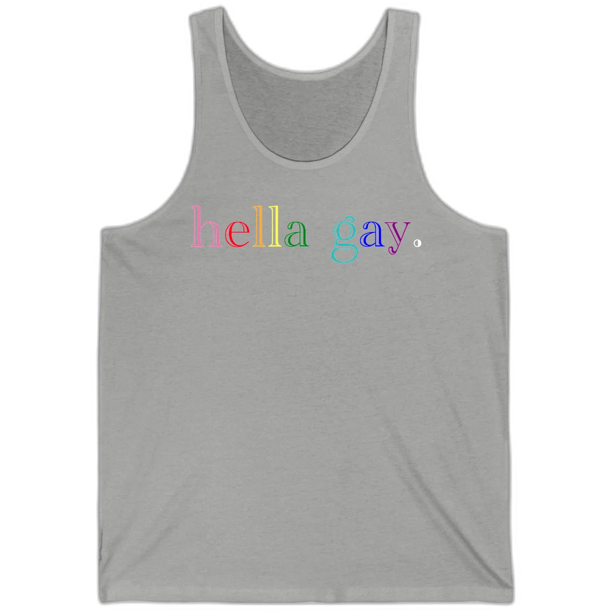 Rainbow colored 'hello gay' text design with each letter in different Pride colors including pink, red, orange, yellow, green, cyan, and blue in Athletic Heather