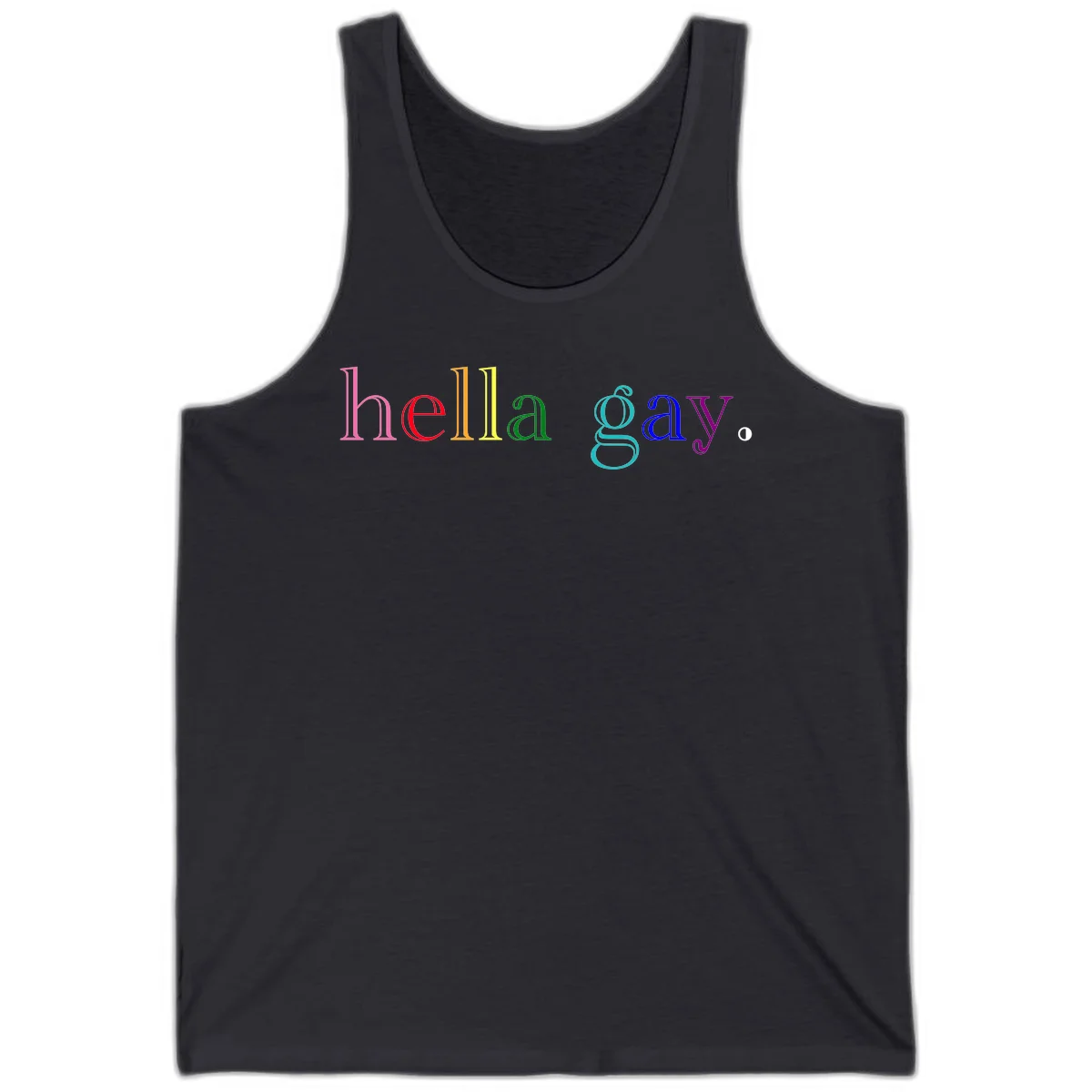 Rainbow colored 'hello gay' text design with each letter in different Pride colors including pink, red, orange, yellow, green, cyan, and blue in Dark Grey