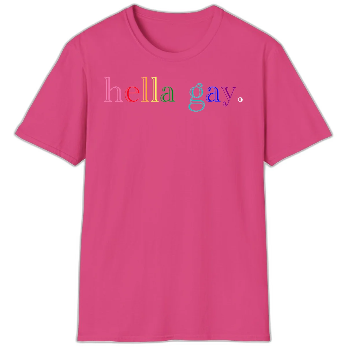 Rainbow colored 'hello gay' text design with each letter in different Pride colors including pink, red, orange, yellow, green, cyan, and blue in Heliconia