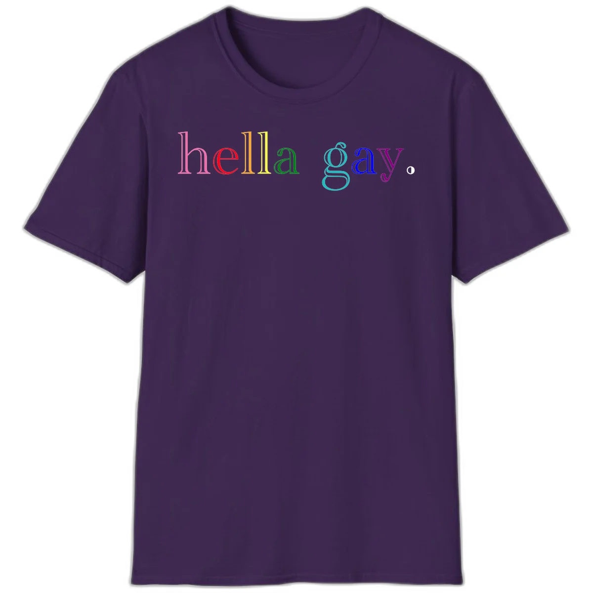 Rainbow colored 'hello gay' text design with each letter in different Pride colors including pink, red, orange, yellow, green, cyan, and blue in Purple