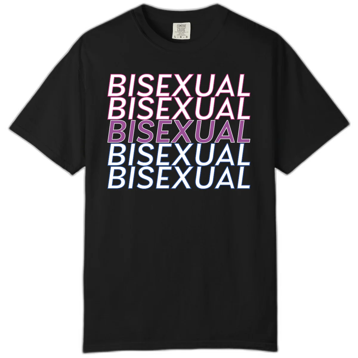 Bisexual pride flag design with the word 'BISEXUAL' repeated four times in stacked magenta, purple, and blue outlined letters in Black