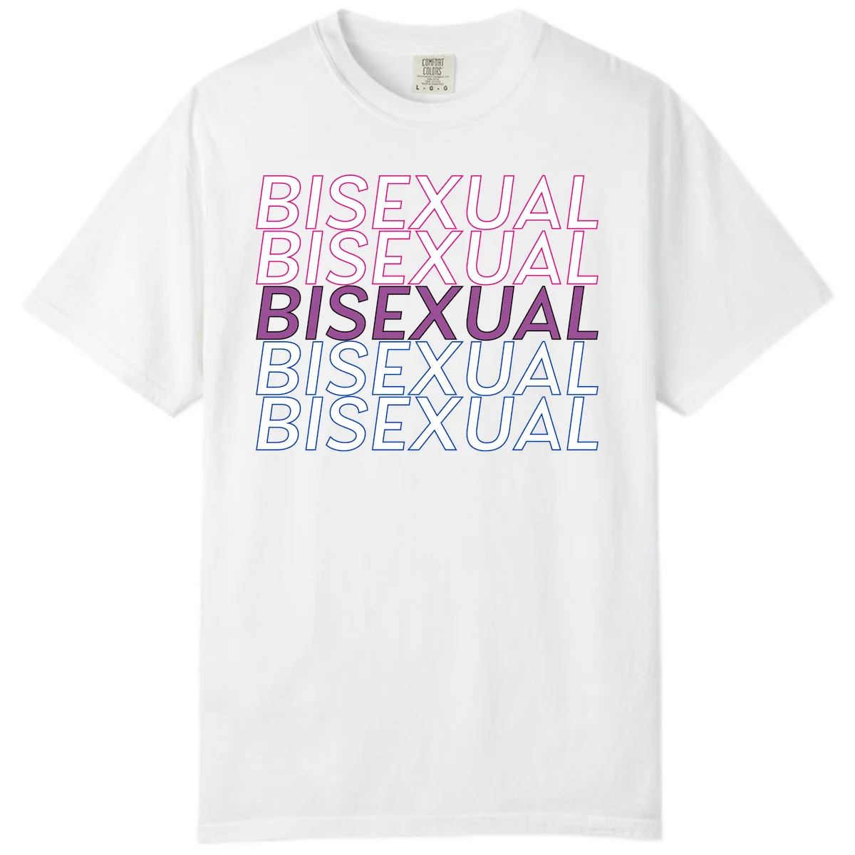 Bisexual pride flag design with the word 'BISEXUAL' repeated four times in stacked magenta, purple, and blue outlined letters in White