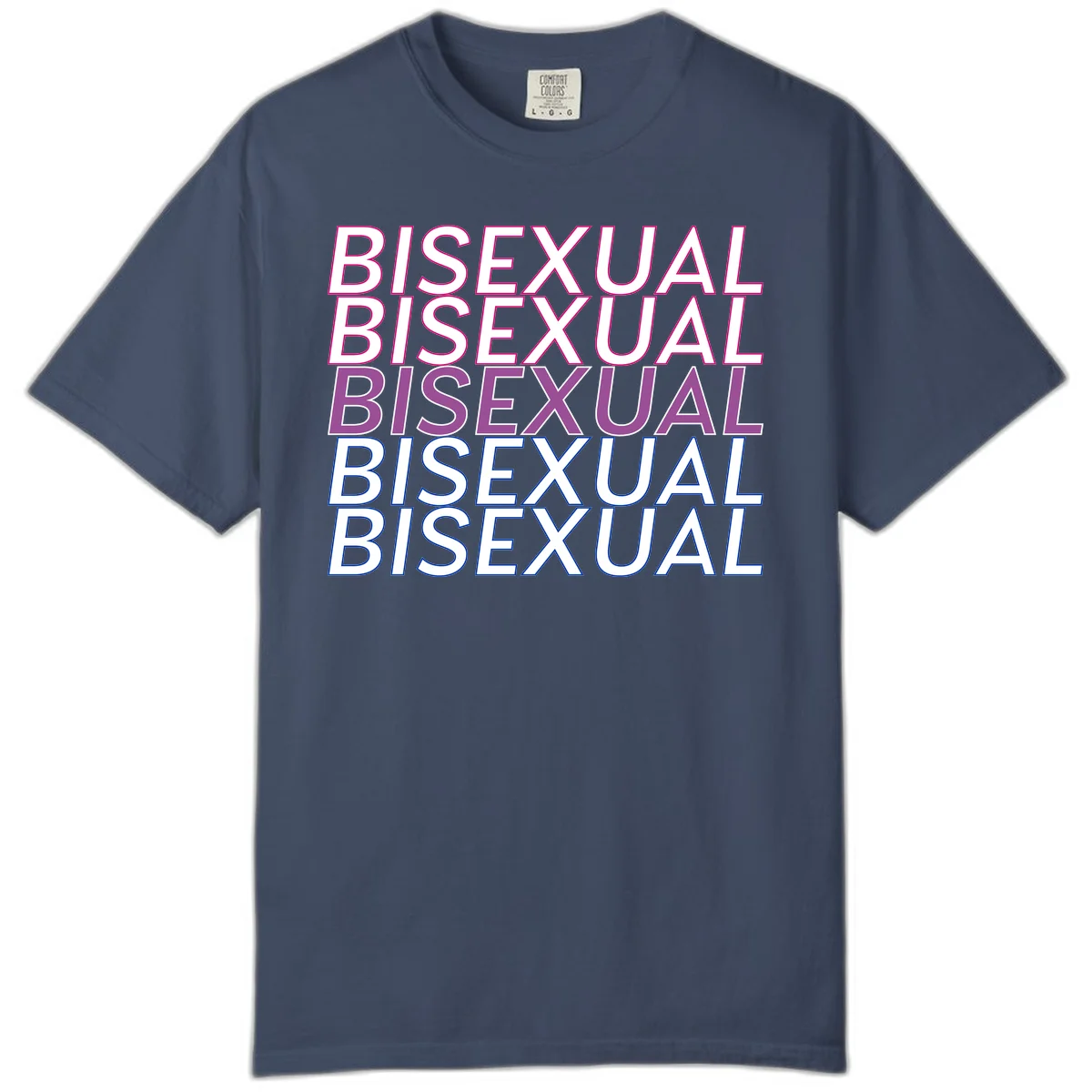 Bisexual pride flag design with the word 'BISEXUAL' repeated four times in stacked magenta, purple, and blue outlined letters in Midnight