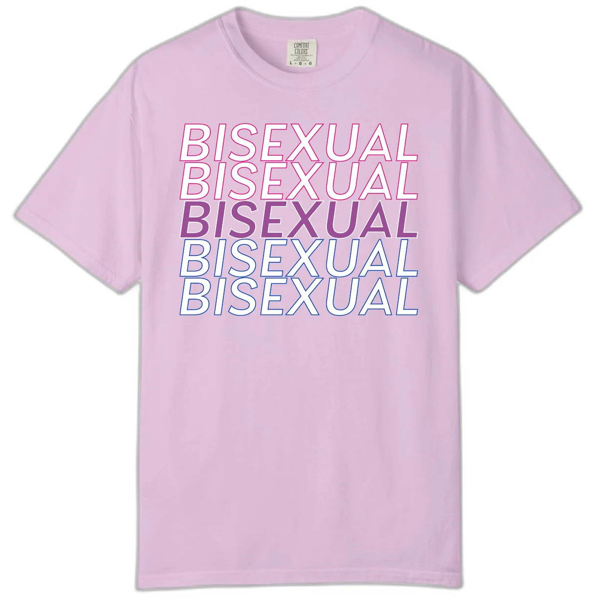 Bisexual pride flag design with the word 'BISEXUAL' repeated four times in stacked magenta, purple, and blue outlined letters in Orchid