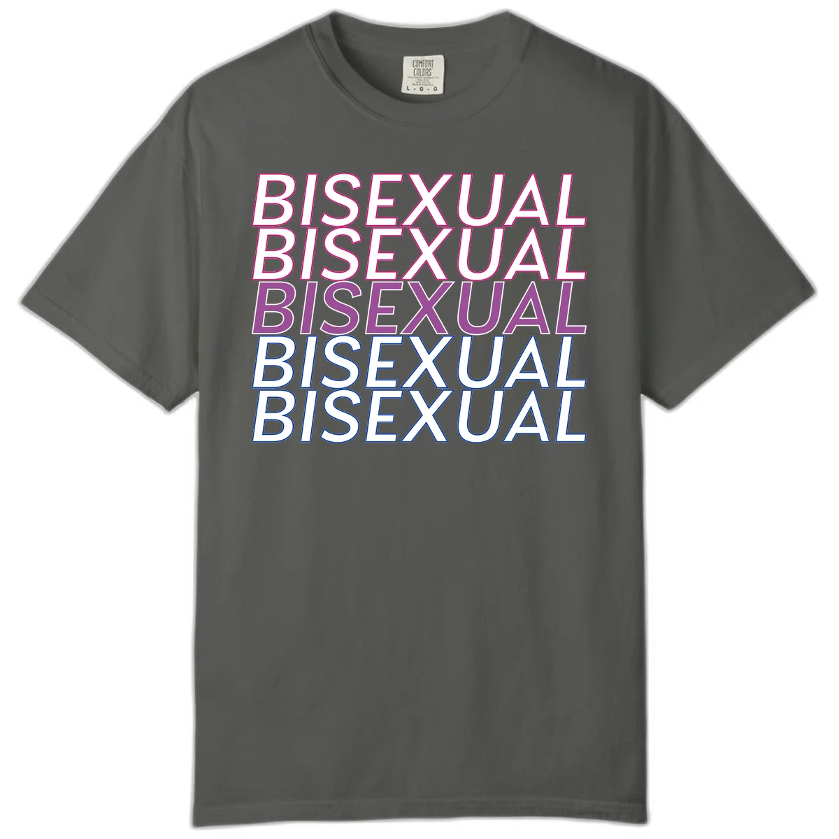 Bisexual pride flag design with the word 'BISEXUAL' repeated four times in stacked magenta, purple, and blue outlined letters in Pepper