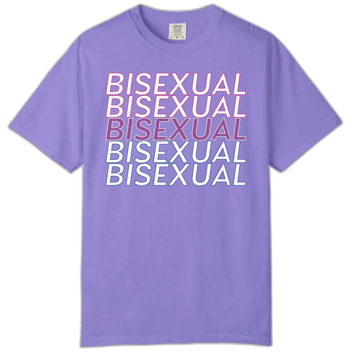 Bisexual pride flag design with the word 'BISEXUAL' repeated four times in stacked magenta, purple, and blue outlined letters in Violet