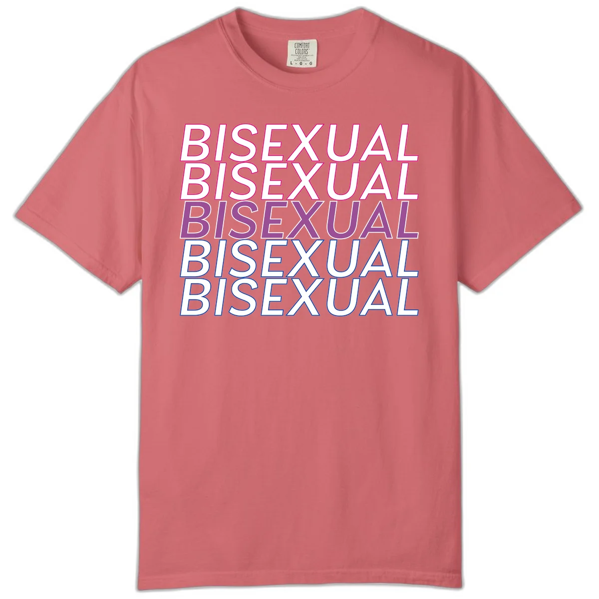 Bisexual pride flag design with the word 'BISEXUAL' repeated four times in stacked magenta, purple, and blue outlined letters in Watermelon