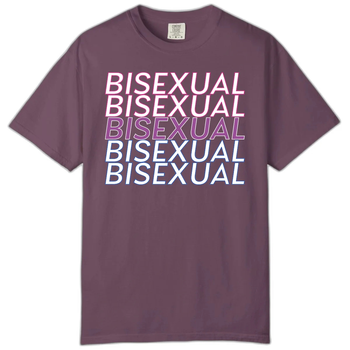 Bisexual pride flag design with the word 'BISEXUAL' repeated four times in stacked magenta, purple, and blue outlined letters in Berry
