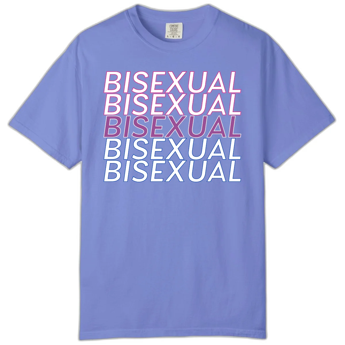 Bisexual pride flag design with the word 'BISEXUAL' repeated four times in stacked magenta, purple, and blue outlined letters in Flo Blue
