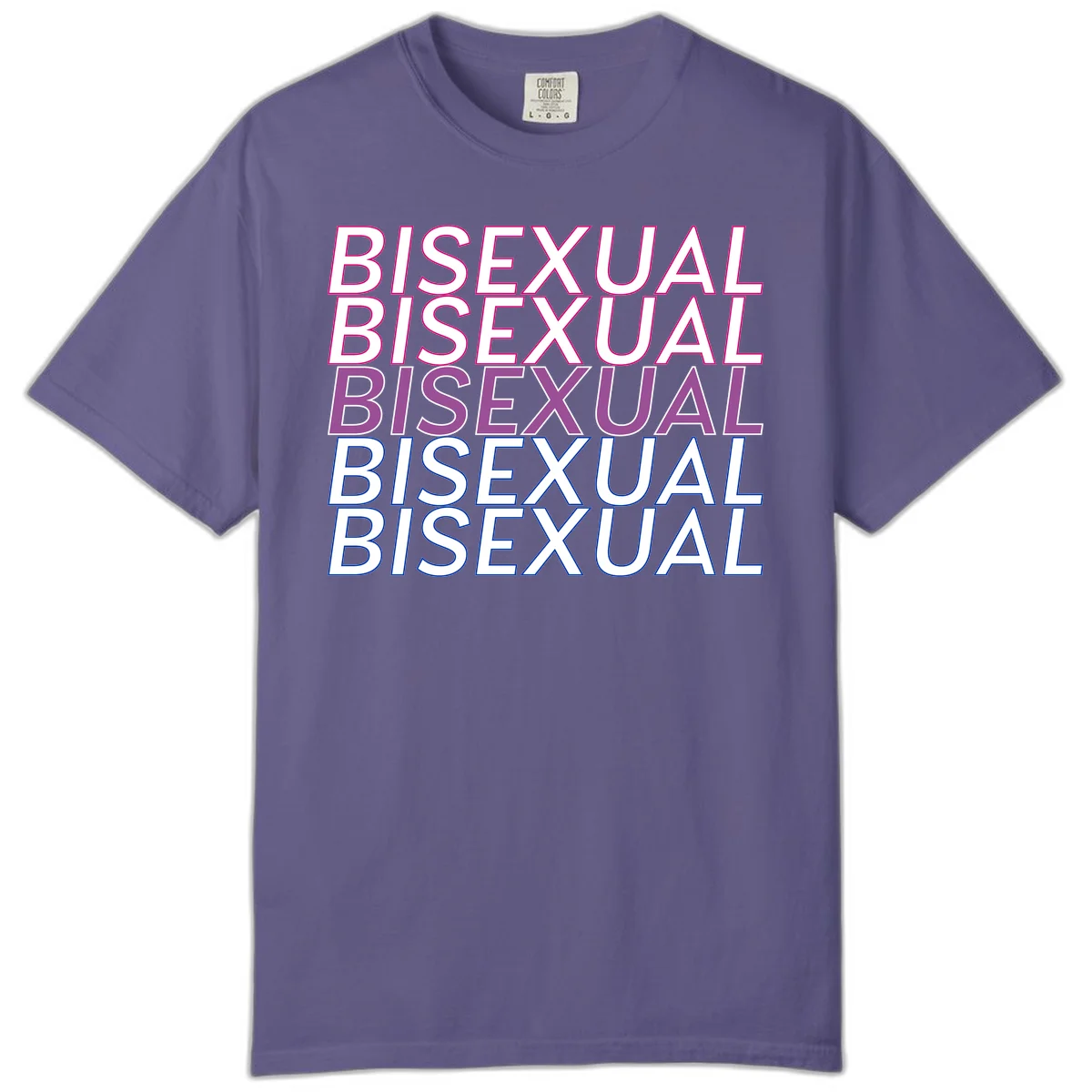 Bisexual pride flag design with the word 'BISEXUAL' repeated four times in stacked magenta, purple, and blue outlined letters in Grape