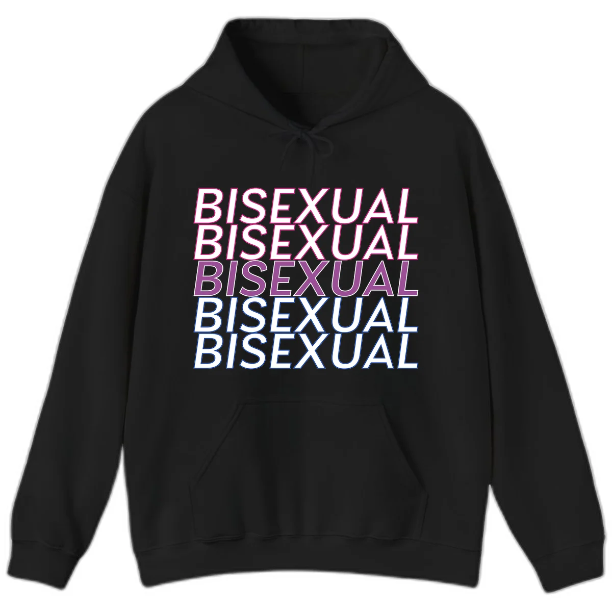 Bisexual pride flag design with the word 'BISEXUAL' repeated four times in stacked magenta, purple, and blue outlined letters in Black