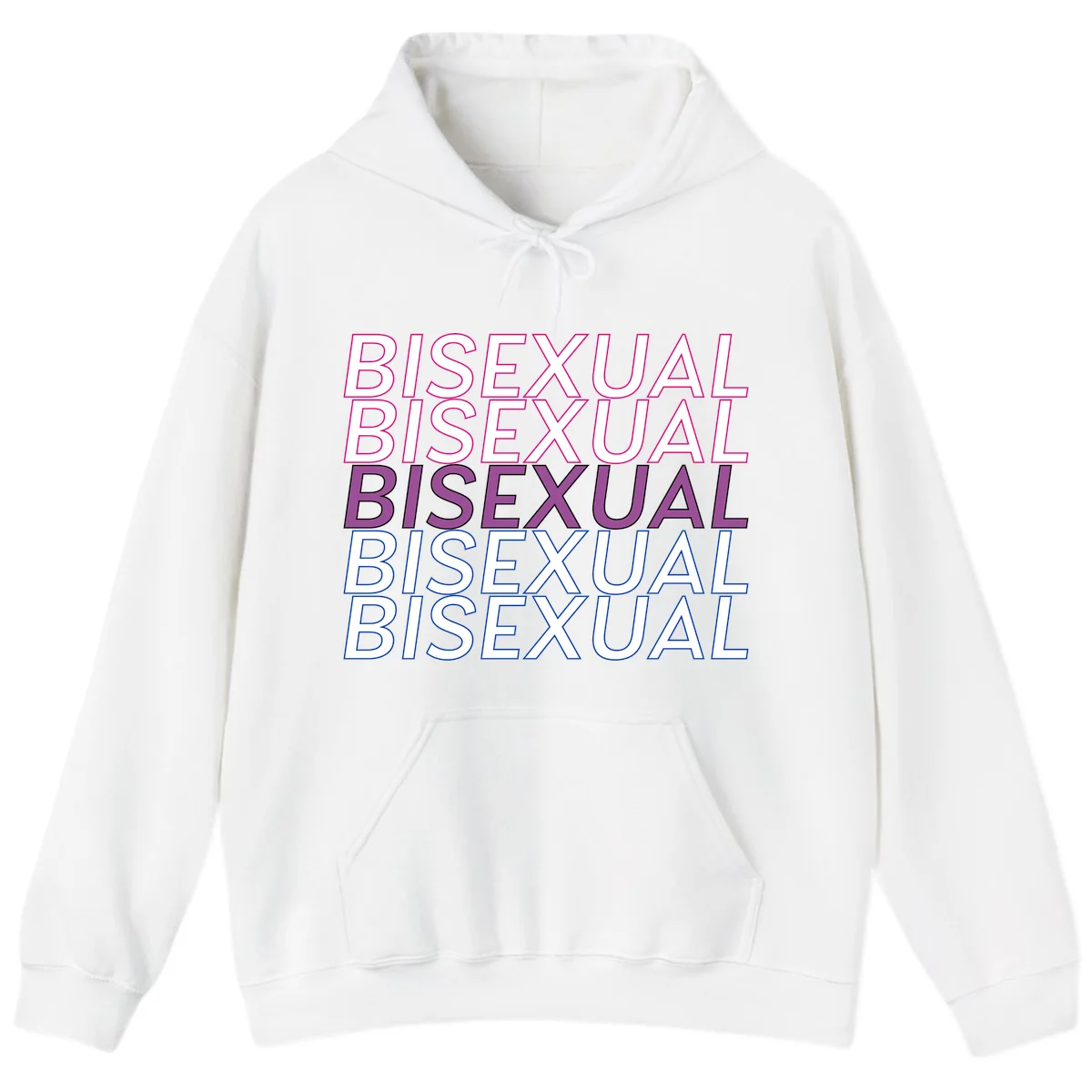 Bisexual pride flag design with the word 'BISEXUAL' repeated four times in stacked magenta, purple, and blue outlined letters in White
