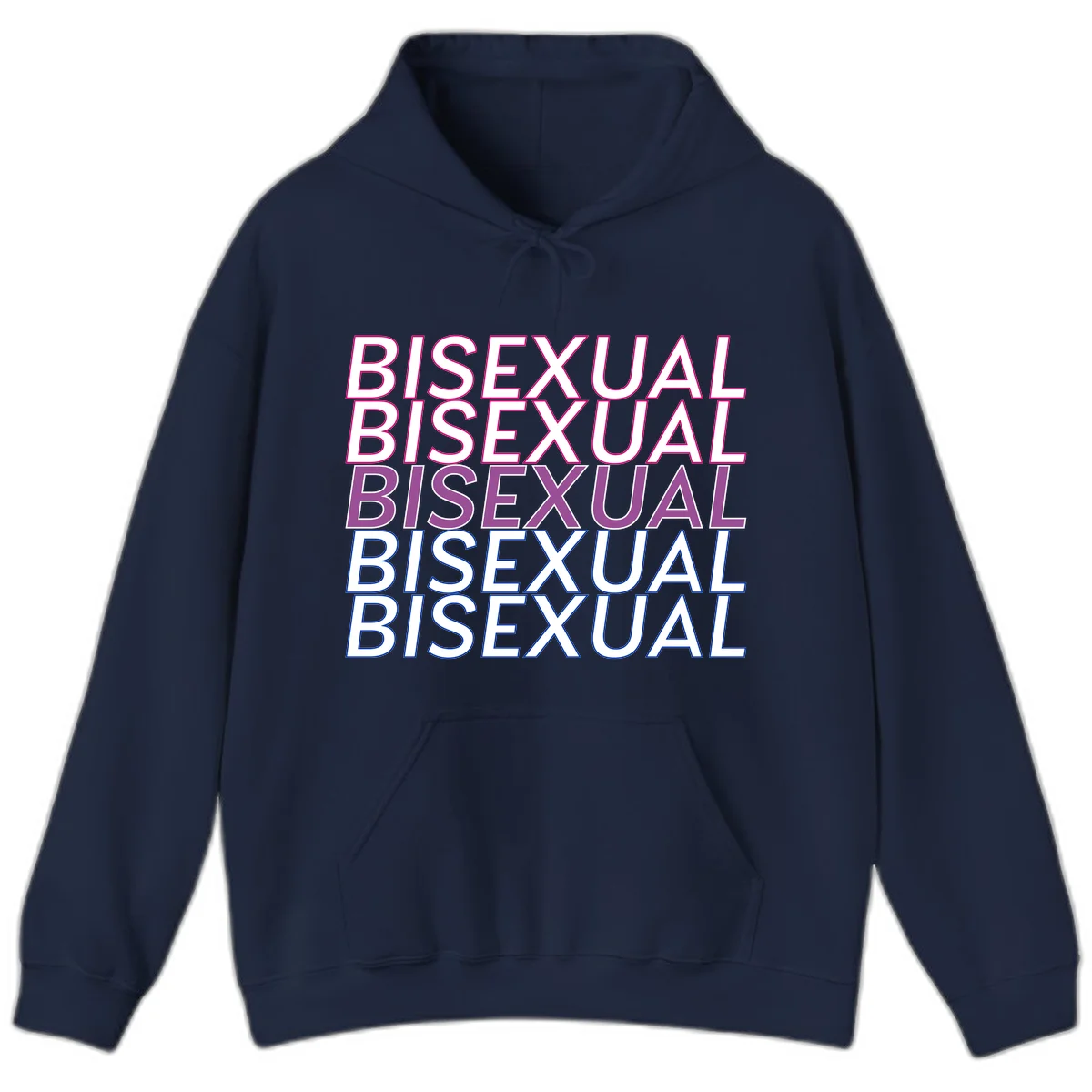 Bisexual pride flag design with the word 'BISEXUAL' repeated four times in stacked magenta, purple, and blue outlined letters in Navy